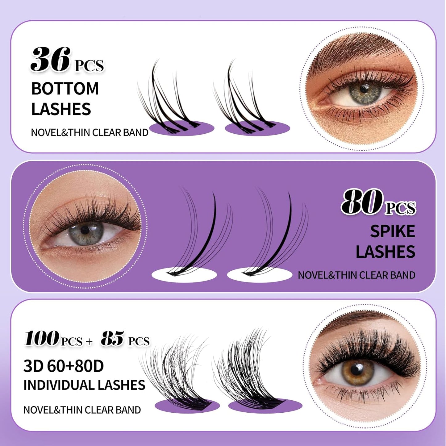Lash Clusters With Bottom Lashes 60/80D C/D Curl 12-18mm Multi-types Individual Clusters Eyelash Extensions, Spike, Wispy Lash clusters(60/80D-3D)