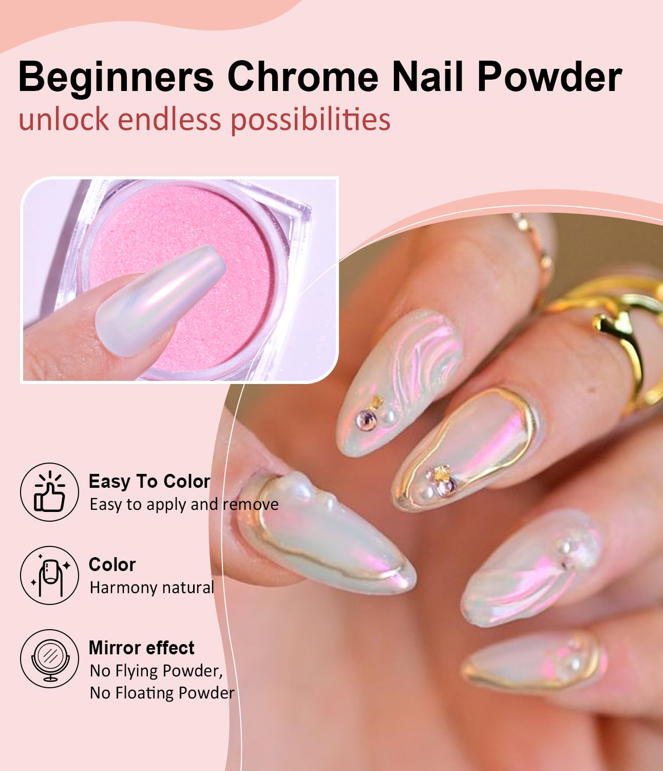 Chrome Nail Powder -【Fairy Effect】Pink Chrome Nail Powder Aurora Mermaid Iridescent Chrome Powder For Nails, Pink Chrome Powder Metallic Mirror Glitter Pigment Dust For Manicure Decoration