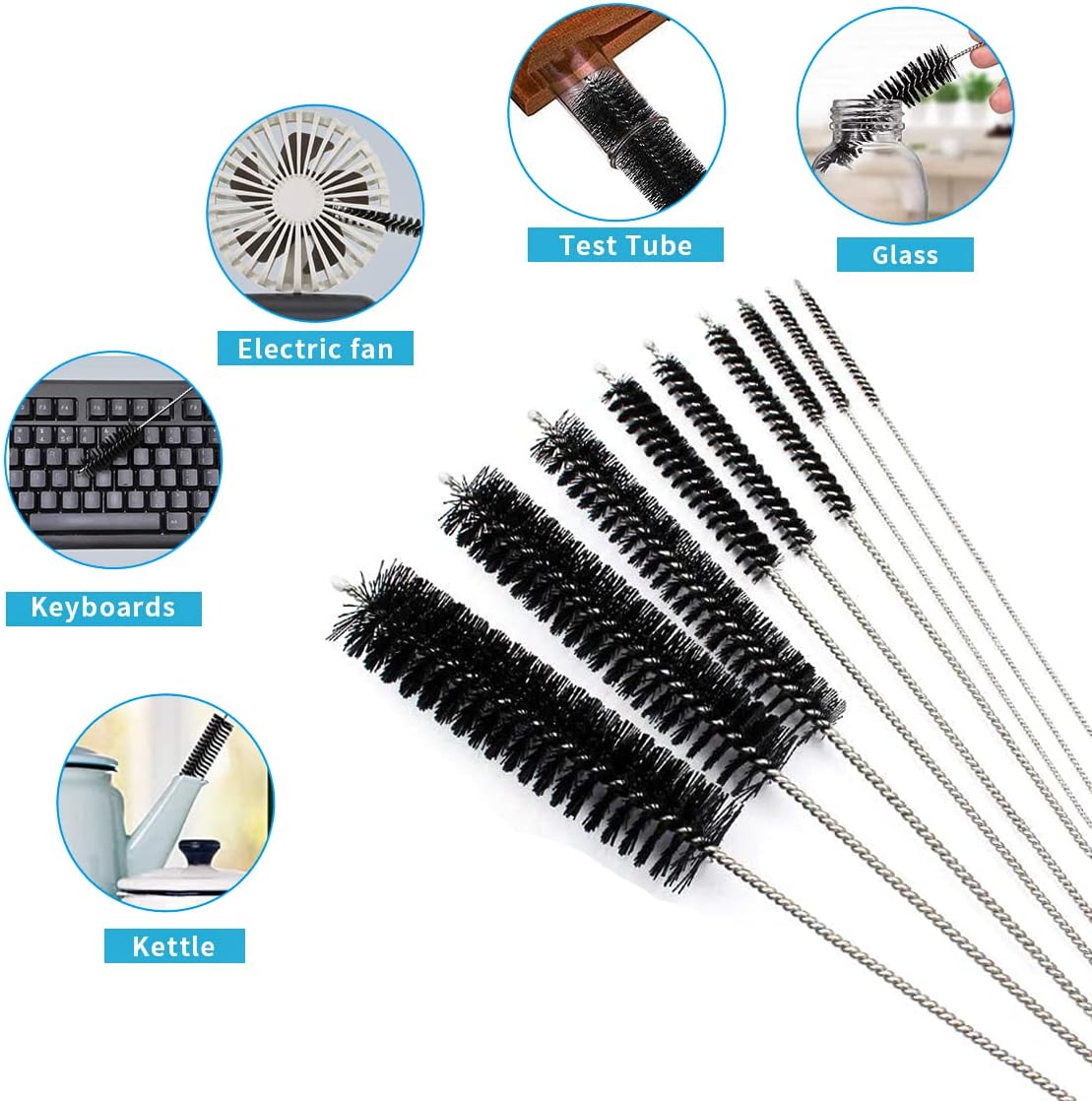 10 Pcs Flexible Drain Brush Straw Cleaner Brush Set,Pipe Cleaners Brush,61Inch Stainless Steel Double-Ended Hose Brush 8.2Inch Nylon Long CPAP Tube Cleaning Brush for Home Kitchen Sink Plumbing