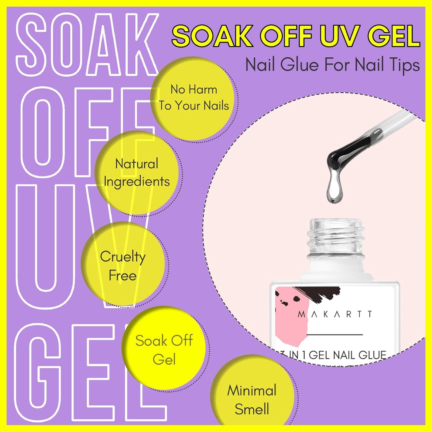 Makartt Gel Nail Glue: 3 in 1 Nail Glue for Acrylic Nails Extension Super Strong Adhesive Bond Long Lasting Brush on Glues for Tips, Base Coat & Slip Solution, & Stick Rhinestone, Curing Needed, 15ml