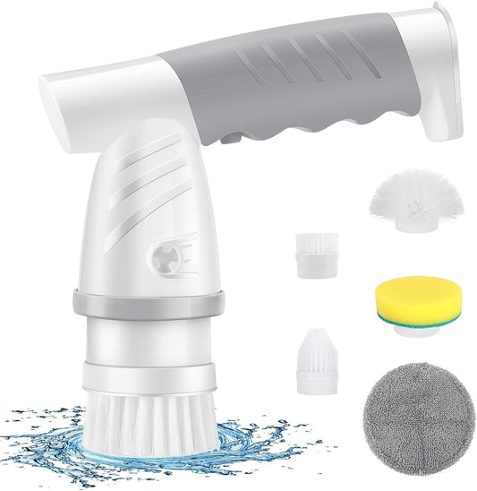 Electric Spin Scrubber, Shower Scrubber with Handle, Waterproof Portable Bathroom Cleaner Brush, Cordless Electric Cleaning Brush with 5 Replaceable Brush Heads for Floor Tile Tub Wall Window Kitchen
