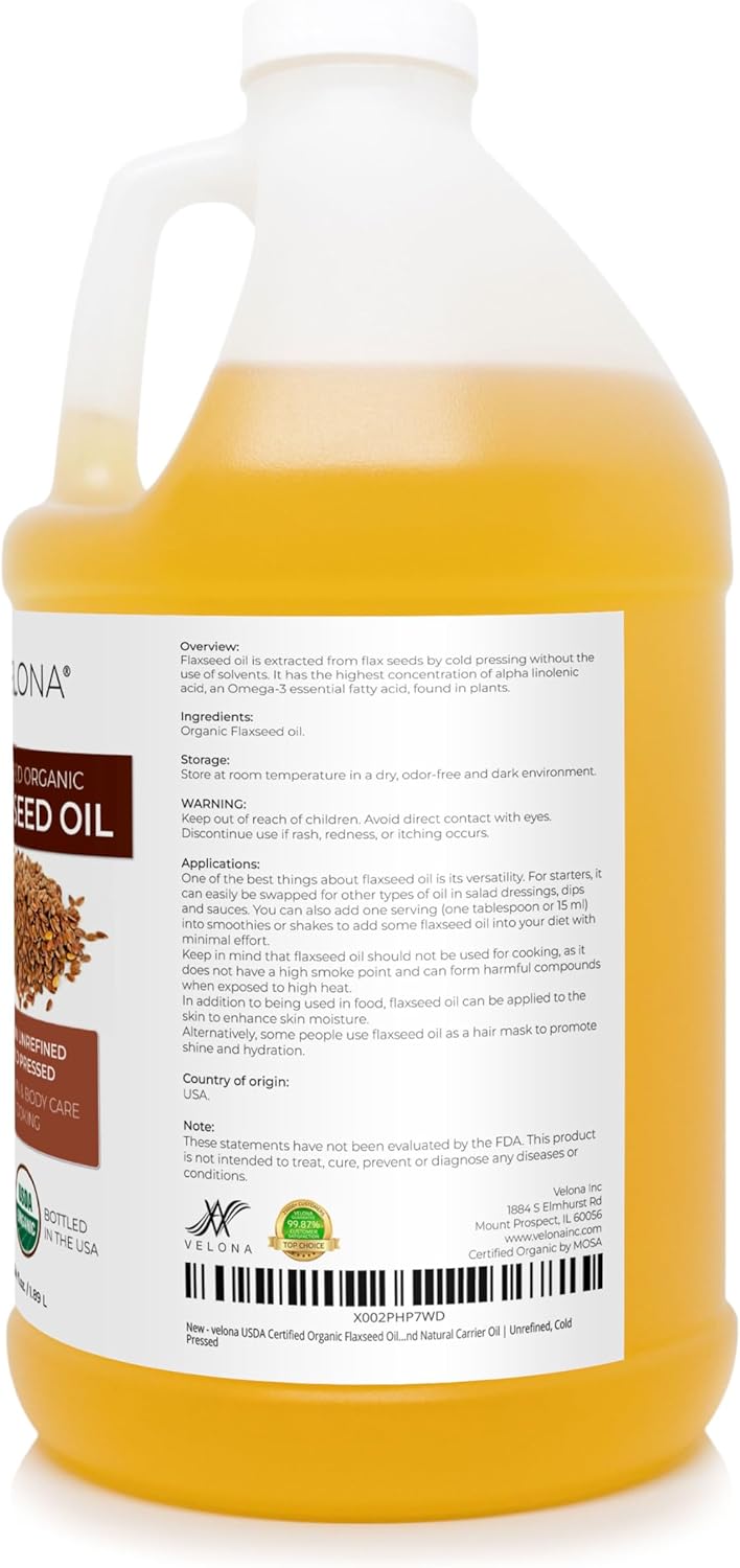 velona USDA Certified Organic Flaxseed Oil - 64 Fl Oz | 100% Pure and Natural Carrier Oil | Unrefined, Cold Pressed |Body, Face & Skin Care | Use Today - Enjoy Results…