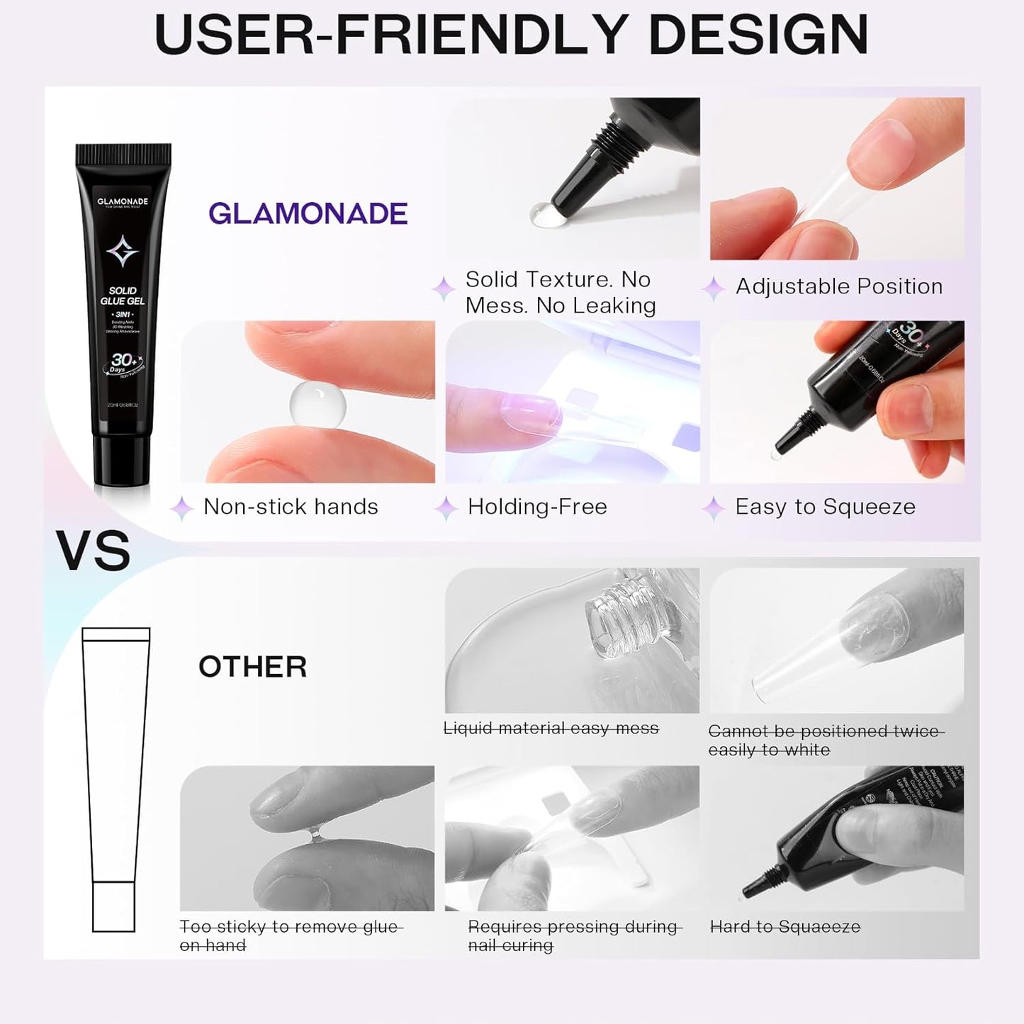 Soft Solid Nail Glue Gel: Clear Nail Gel for Press on Fake Nails Tips 20g for UV Cure Light Acrylic Builder Adhesive Gel Extension Strong Supplies