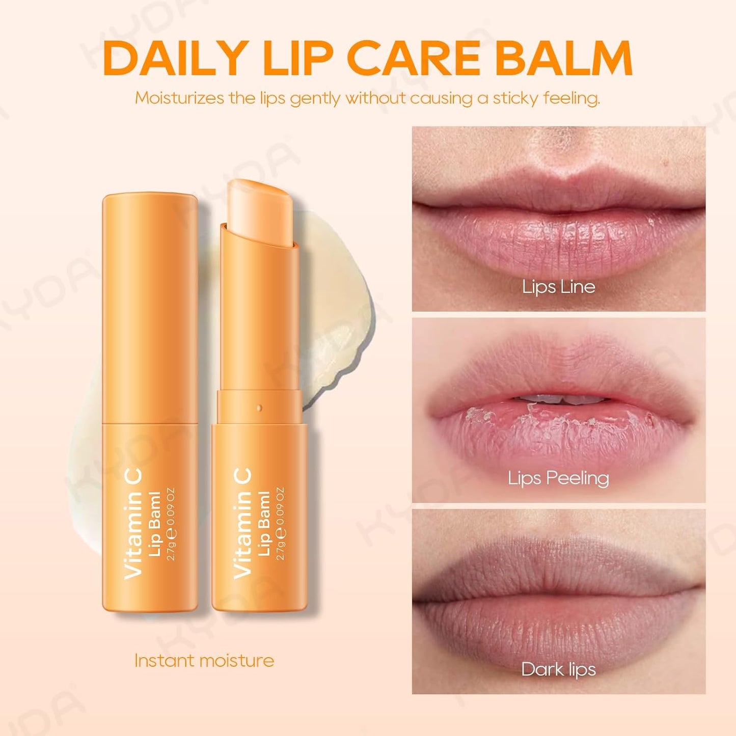 KYDA 3 Pcs Vitamin C Lip Balm, Moisturizing Lips Balm Stick for Dry Cracked Lips, Deep Hydrating Tinted Lip Balm, Reduce Fine Lines, Daily Lip Moisturizer with Orange Vitamin C, Colorless Finish