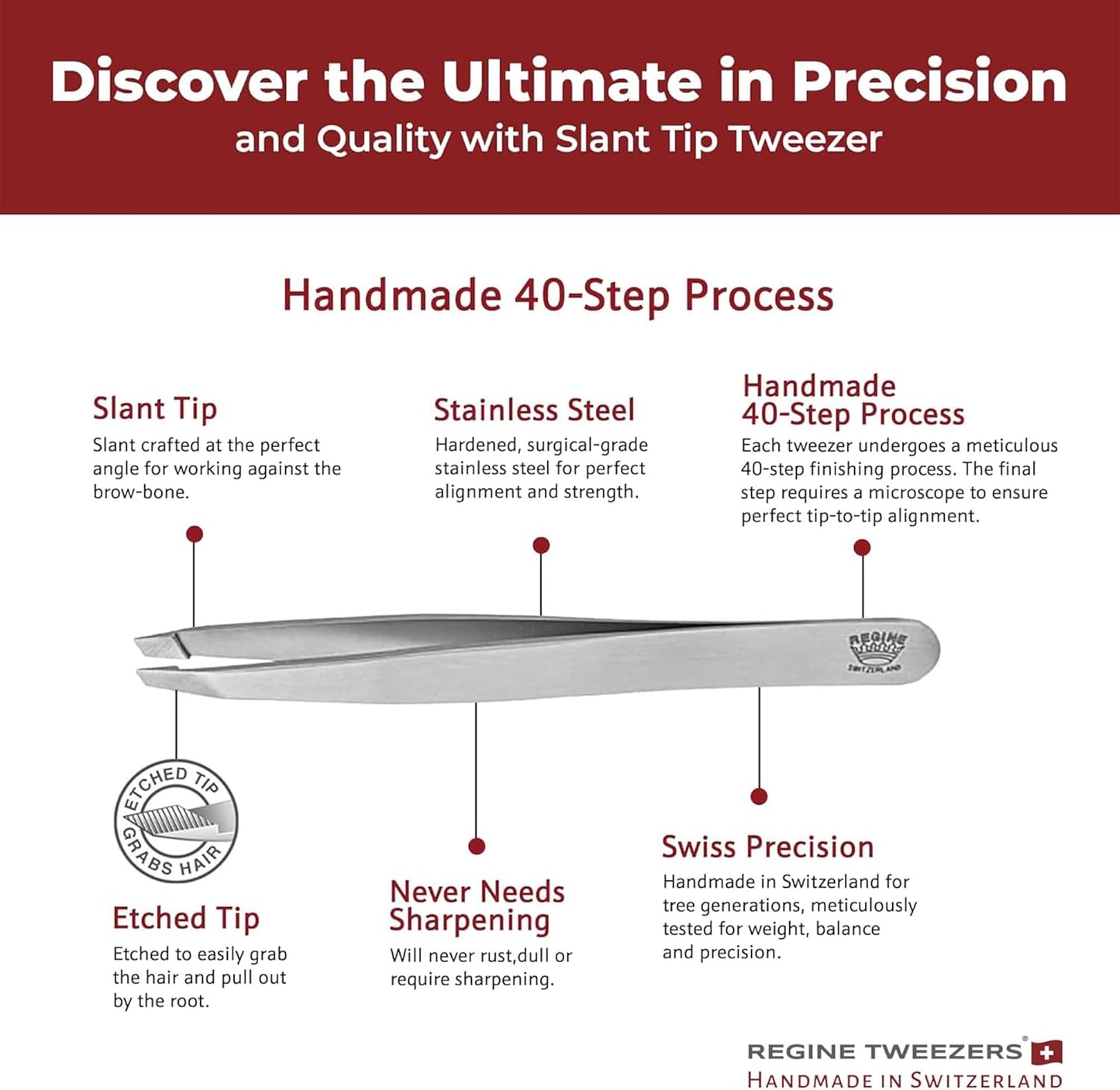 Professional Tweezers Slant Tip - Etched Tip Brow and Eyebrow Tool for Men and Women - Precision Tweezers for Fine Hair, Chin, Lash Extensions - Stainless Steel Handmade Beauty Tool