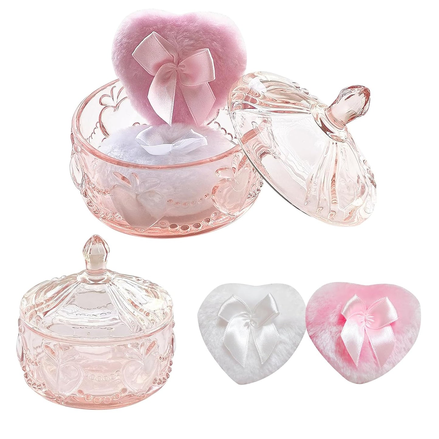 Body Powder Puff and Container - Glass Dusting Powder Container with 2 Soft Puffs Vintage Powder Puff Case for Women & Girls (3.93x3.93x4.13 H in) - GRB017-Pink