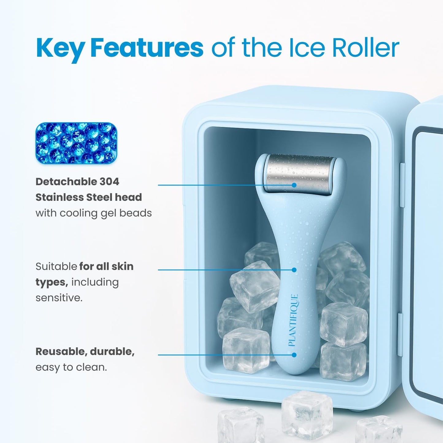 PLANTIFIQUE Facial Ice Roller - Puffiness Cryotherapy Skin Care Massage Tool - Stainless Steel Roller for Men & Women - Metal Massager for Face, Eyes and Body