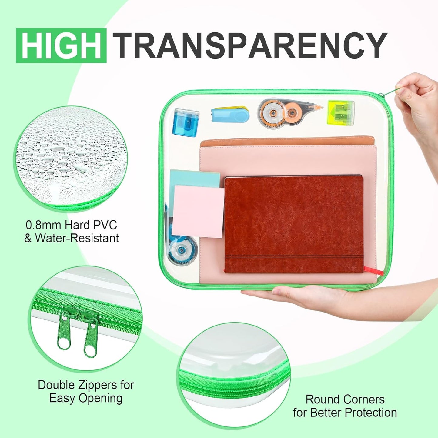 Hoolerry 4 Pcs Hard Clear Zipper Case Makeup Bags Plastic Pencil Pouch Transparent Storage Box Containers for Cosmetics, Snacks, Building Blocks, Puzzles(Fluorescent,13.8 x 11.8 x 2 in)