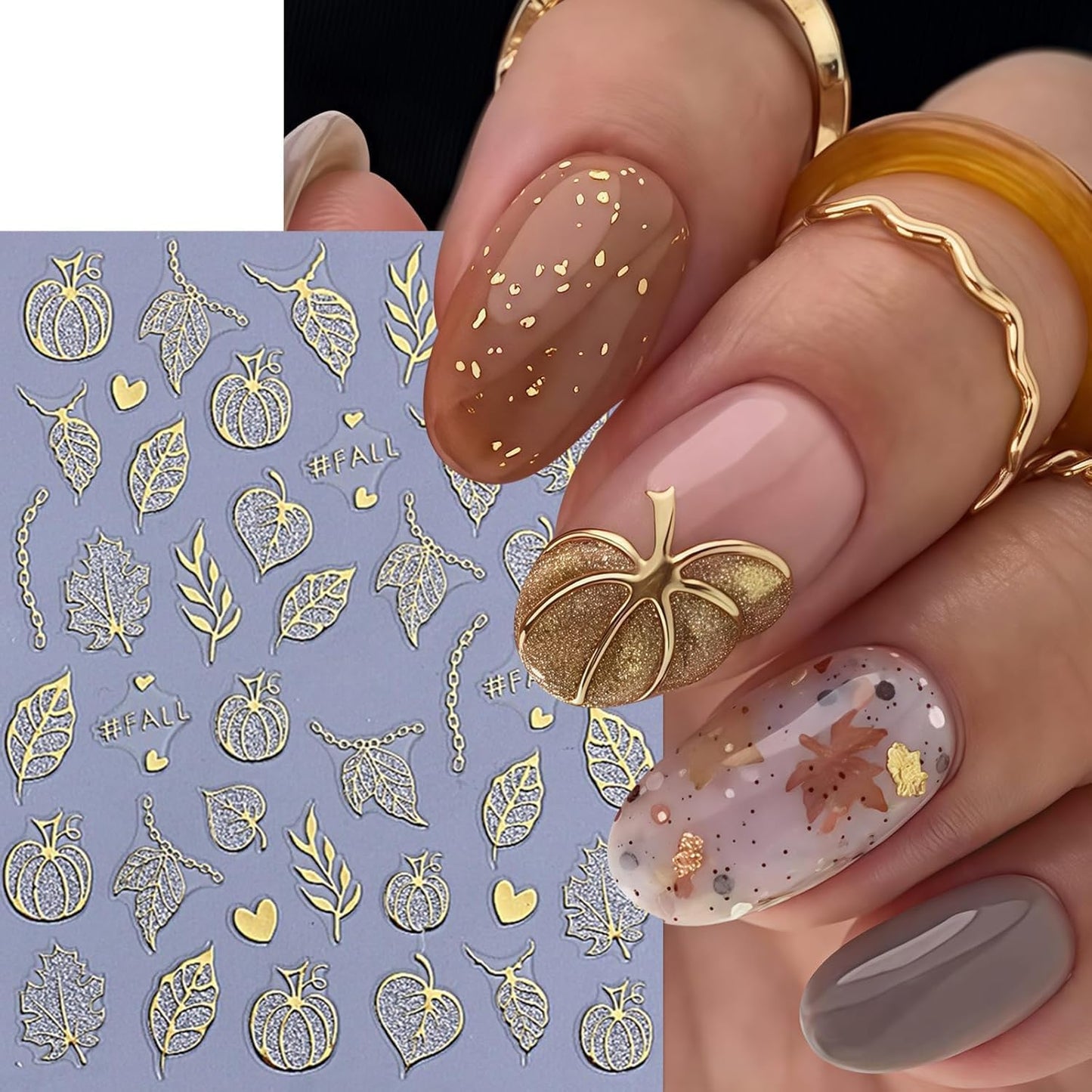 Halloween Nail Stickers Nail Decals Pumpkins Nail Decals 3D Self-Adhesive Autumn Maple Leaf Cute Ghost Pattern Design Sticker Decoration for Women DIY Holiday Party Nails Supplies 8 Sheets