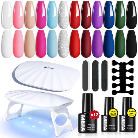 MEFA 19 Pcs Gel Nail Polish Kit with U V Light, 12 Colors All Seasons Nude Milky White Soak Off Gel Polish Nail Set with Base Top Coat Essential Manicure Beginners Salon Gifts for Women