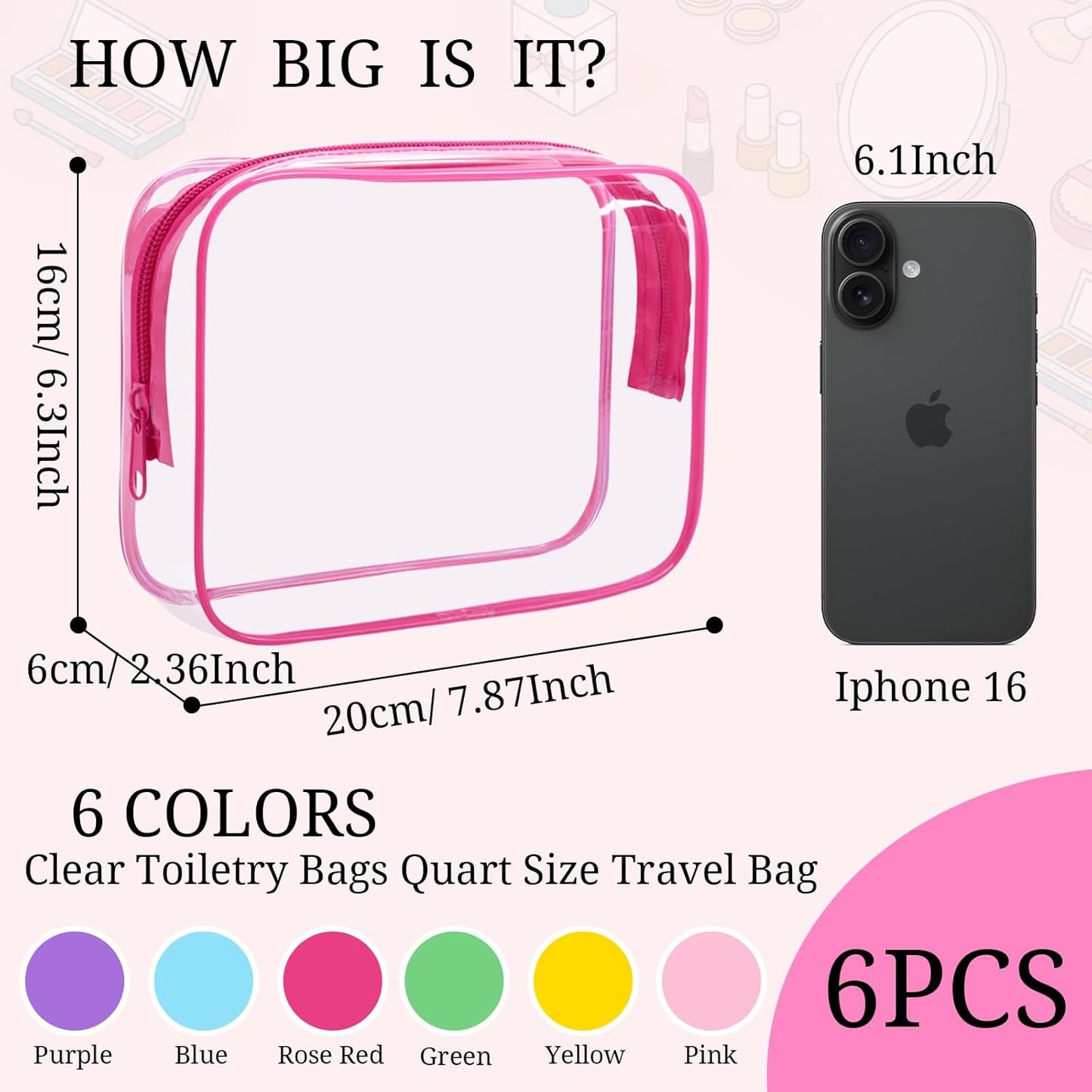 6 Pieces Clear Makeup Bags Bulk TSA Approved Toiletry Bag for Travel PVC Waterproof Clear Cosmetic Pouch with Zipper for Men and Women Carry-on Travel Essentials