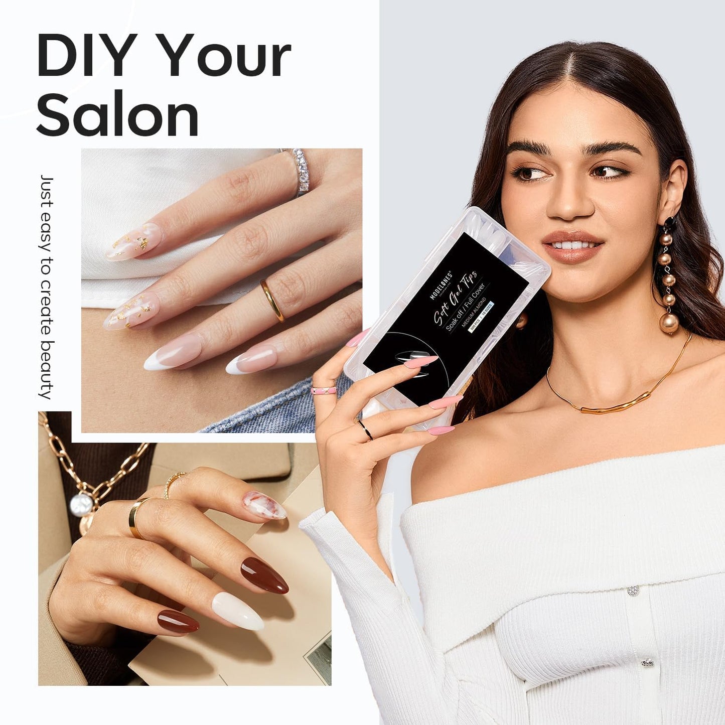 Modelones Almond Fake Nail Tips -510Pcs Medium Soft Gel Nail Tips Almond Shape Pre Etched Half Matte Full Cover Clear Acrylic Gel Kit False Press on for Extension Manicure Salon DIY at Home 15 Sizes