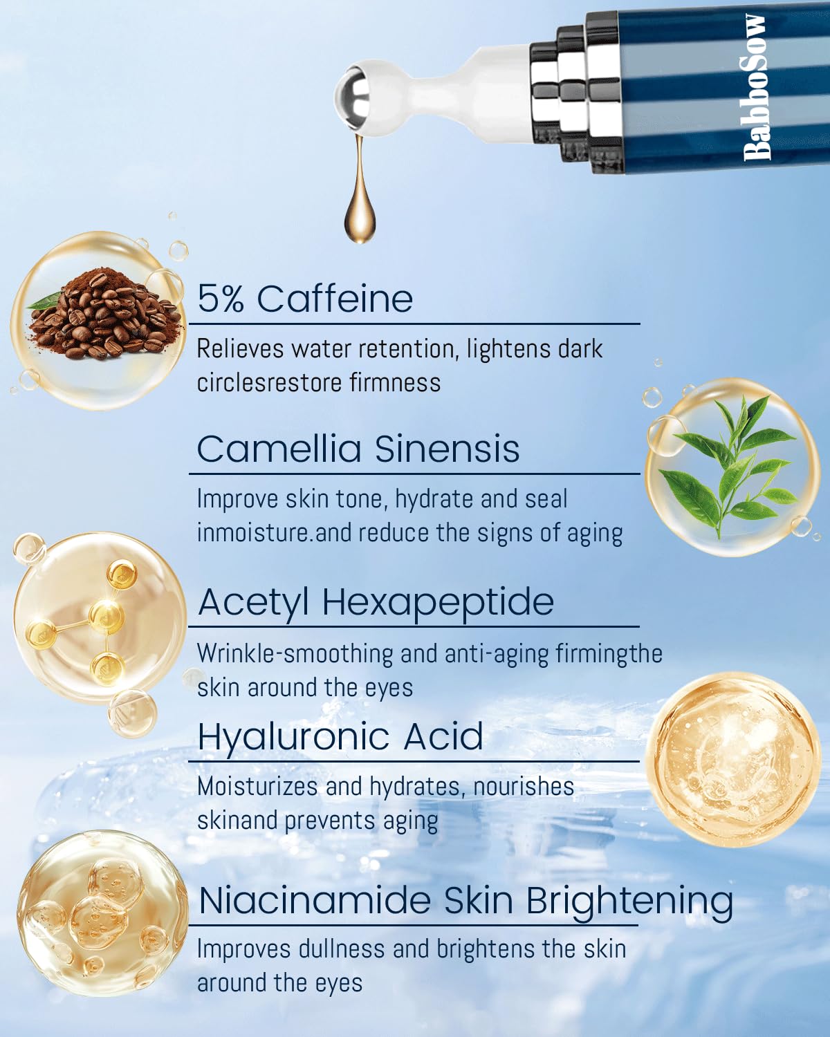 Caffeine Eye Cream and 24K Gold Eye Mask (20 pcs): Under Eye Serum for Dark Circles and Puffiness Eye Care Eye Serum Anti Aging with 360° Massage Ball Reduce Eye Bags, Wrinkles and Fine Lines