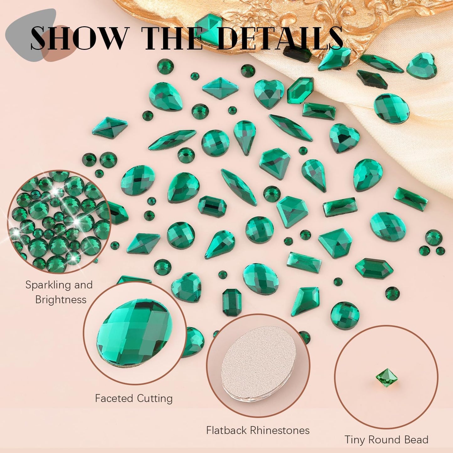 2680Pcs Emerald Green Glass Nail Rhinestones 120Pcs Multi Shapes Flatback Nail Gems + 2560Pcs 1.5-4mm Round Crystal with Rhinestone Glue Gel, Manicure Nail Charms Diamond Gemstone for Nail Art