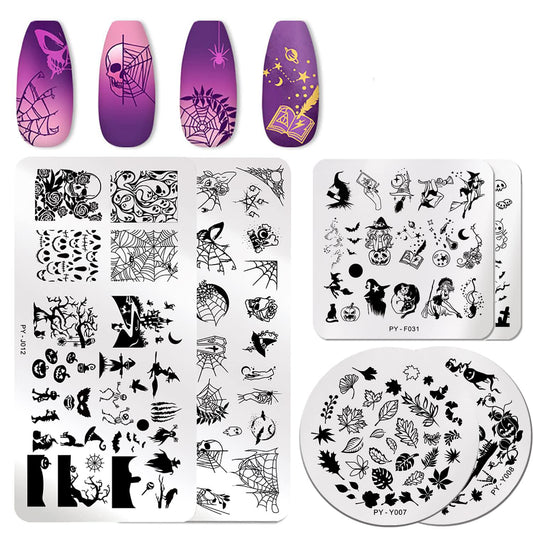 6Pcs Halloween Nail Stamping Plates Fall Maple Leaf Nail Stamper Template Kit Ghost Bat Skull Spider Web Design Nail Decorations Supplies
