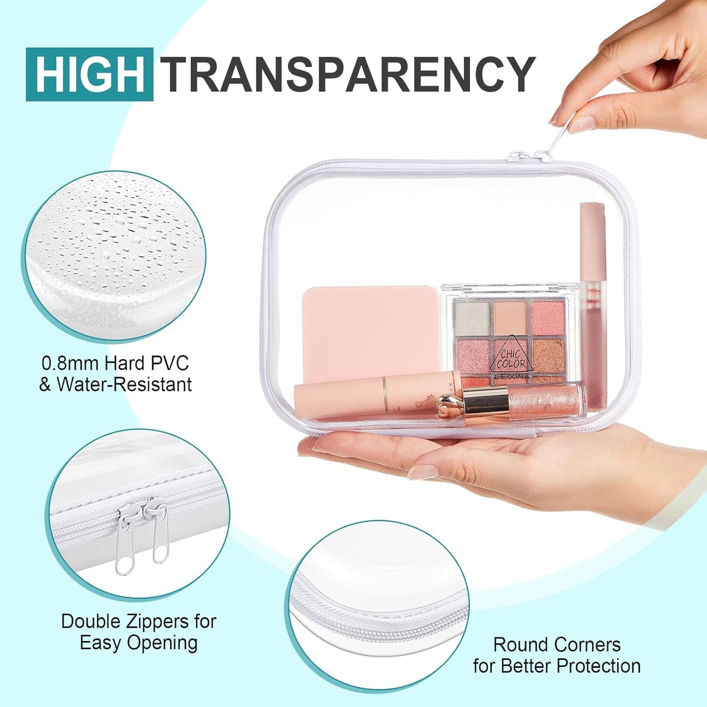Sanwuta 6 Pcs Clear Hard Zipper Case Pencil Pouches Hard Plastic Zipper Pouches Makeup Bag Transparent Cases for Snacks Plastic Storage Organizer Box for Travel(White,7.09 x 5.12 x 2 Inch)