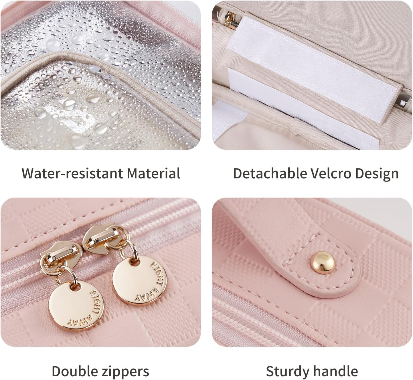 RIGHT AWAY Travel Toiletry Bag for Women, Waterproof Makeup Bag&Case, Portable Cosmetic Organizer Checkered Make up Bag for Full Sized Toiletries，Cosmetics and Travel-Size Accessories,Pink Checkered