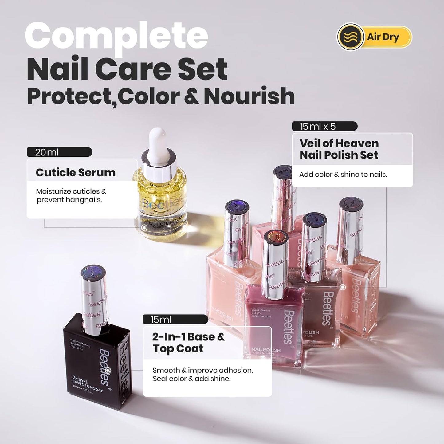 Beetles Pink Nail Polish Set, 5 Colors Nude Pink Jelly Collection Quick Dry Long Lasting Nail Polish Base & Top Coat and Cuticle Serum Kit Spring DIY Care for Nail Home Gift Sets For Women