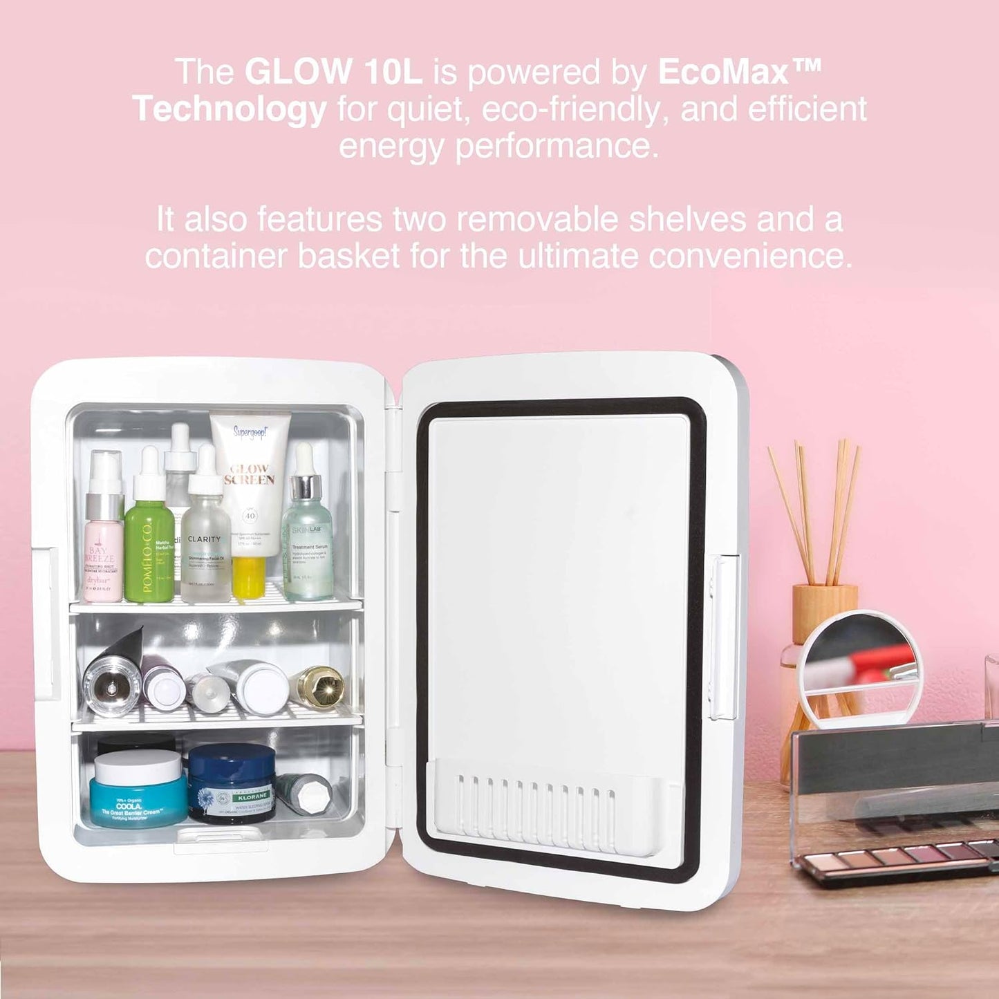 Cooluli Glow 10L Mini Skincare Fridge with Mirror & LED Light - Small Refrigerator for Skin Care, Makeup, Beauty, Cosmetics, Food & Drinks, White