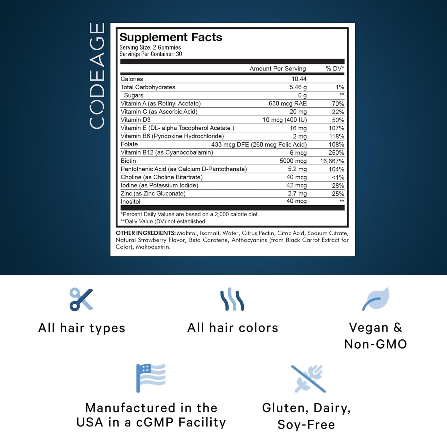 Codeage Hair Gummies, Biotin 5000 mcg, Sugar Free Growth Gummy Vitamins A, C, B6, B12, D3, Zinc, Inositol Supplement, Women & Men, Pantothenic Folic Acid, Nails, Skin, Strawberry Coconut Flavor, 60 ct