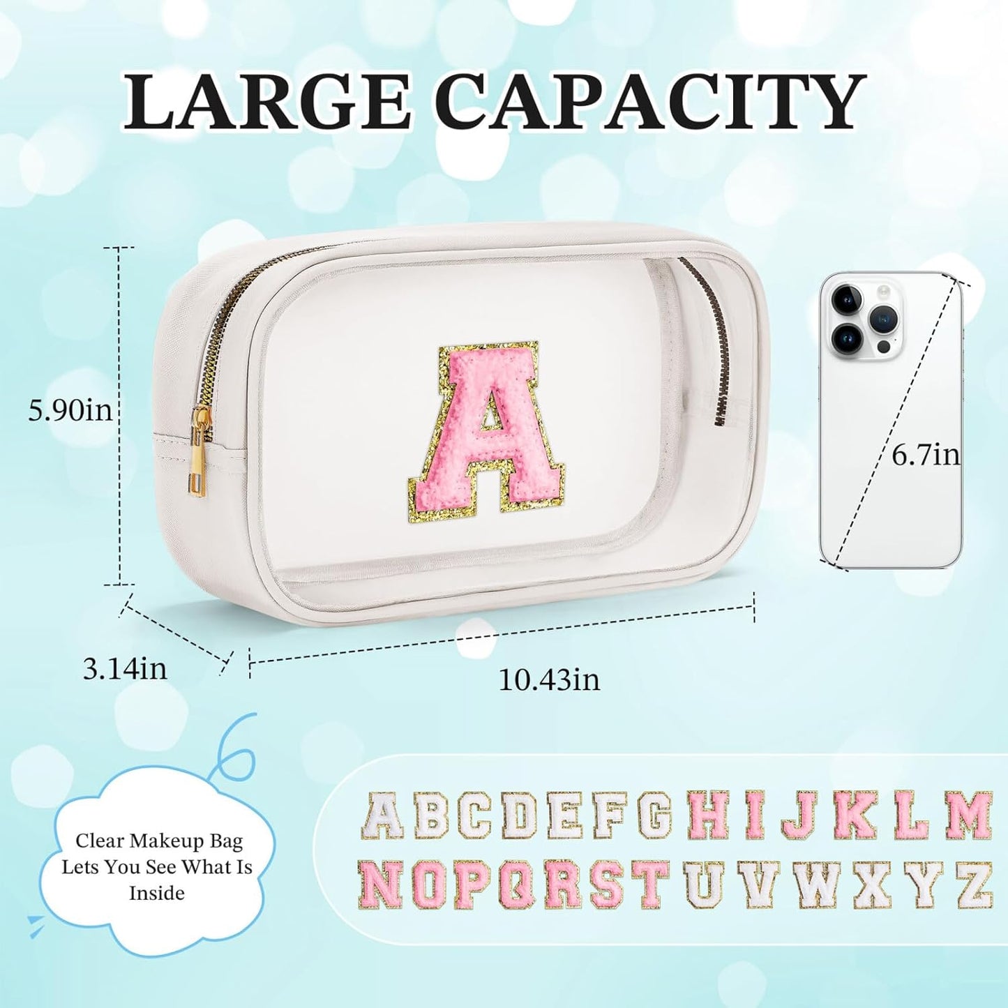 YOOLIFE Initial Make Up Bag Travel Toiletry Bag, Clear Makeup Bag Preppy Cosmetic Bag Gifts for Women Teen Girlfriend Teacher 16 Year Old Girl Gifts Daughter Gifts Swim Gifts For Girls White K