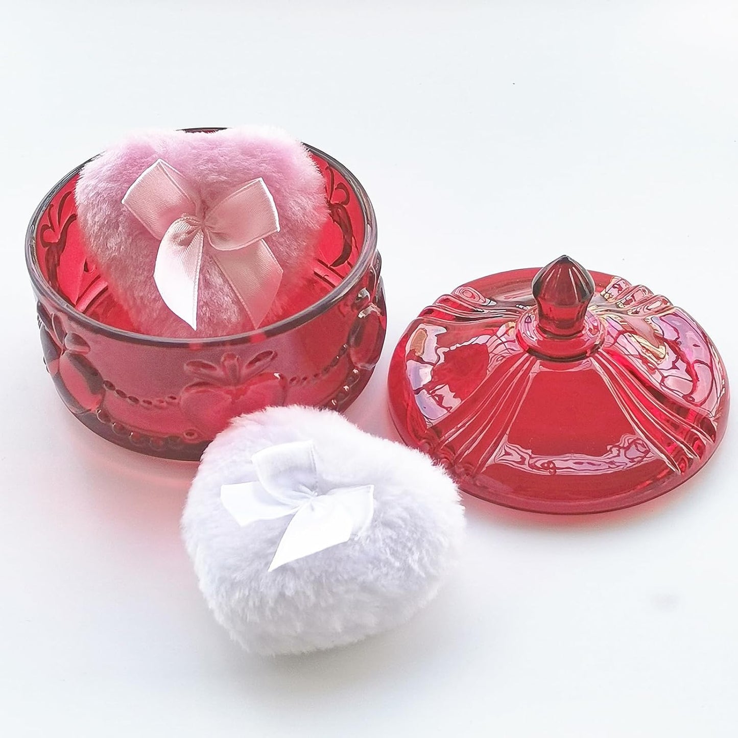Body Powder Puff and Container - Glass Dusting Powder Container with 2 Soft Puffs Vintage Powder Puff Case for Women & Girls (3.93x3.93x4.13 H in) - GRB017-Red