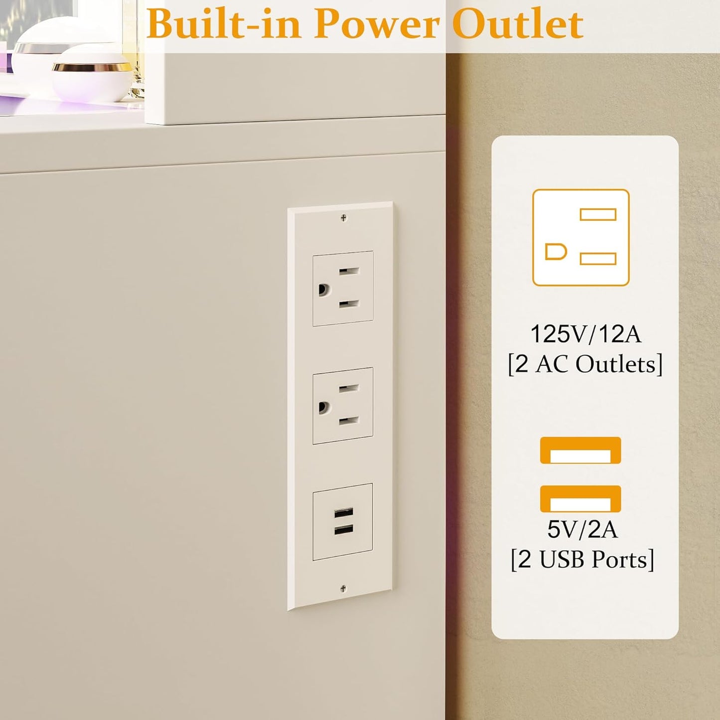 HUAHUUU Vanity Desk, Makeup Vanity Desk with Mirror and Lights 3 Colors, Transparent Top with 3 RGB Drawers, 6 Shelves, 2 Large Tempered Cabinets, Power Outlet, for Bedroom, White