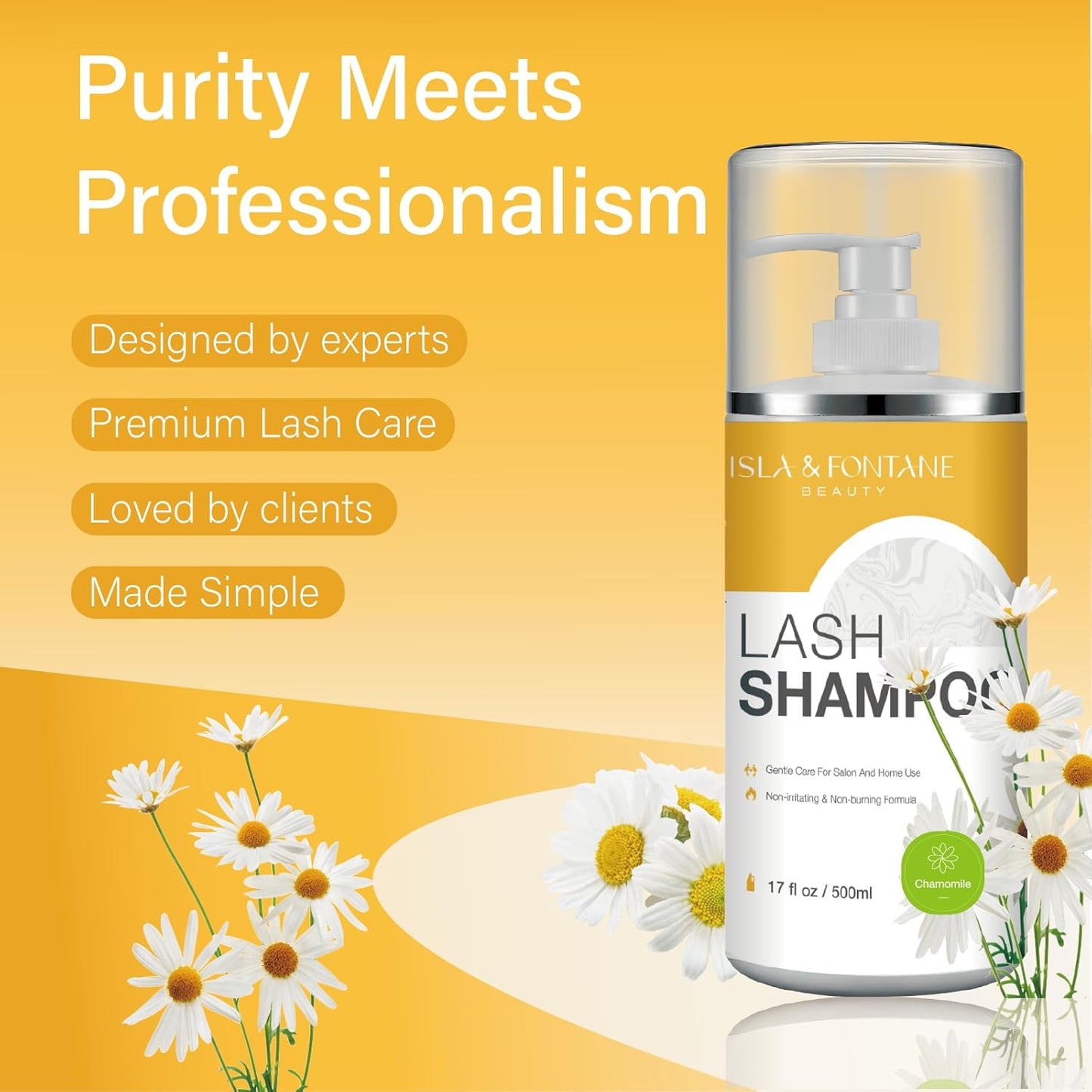 Isla & Fontane Lash Shampoo Bulk – Multi-Scent Series – 17 fl oz / 500ml | Gentle Eyelash Cleanser for Lash Extensions | Non-Irritating | Professional Lash Bath Foam For Salon And Home Use (Chamomile)