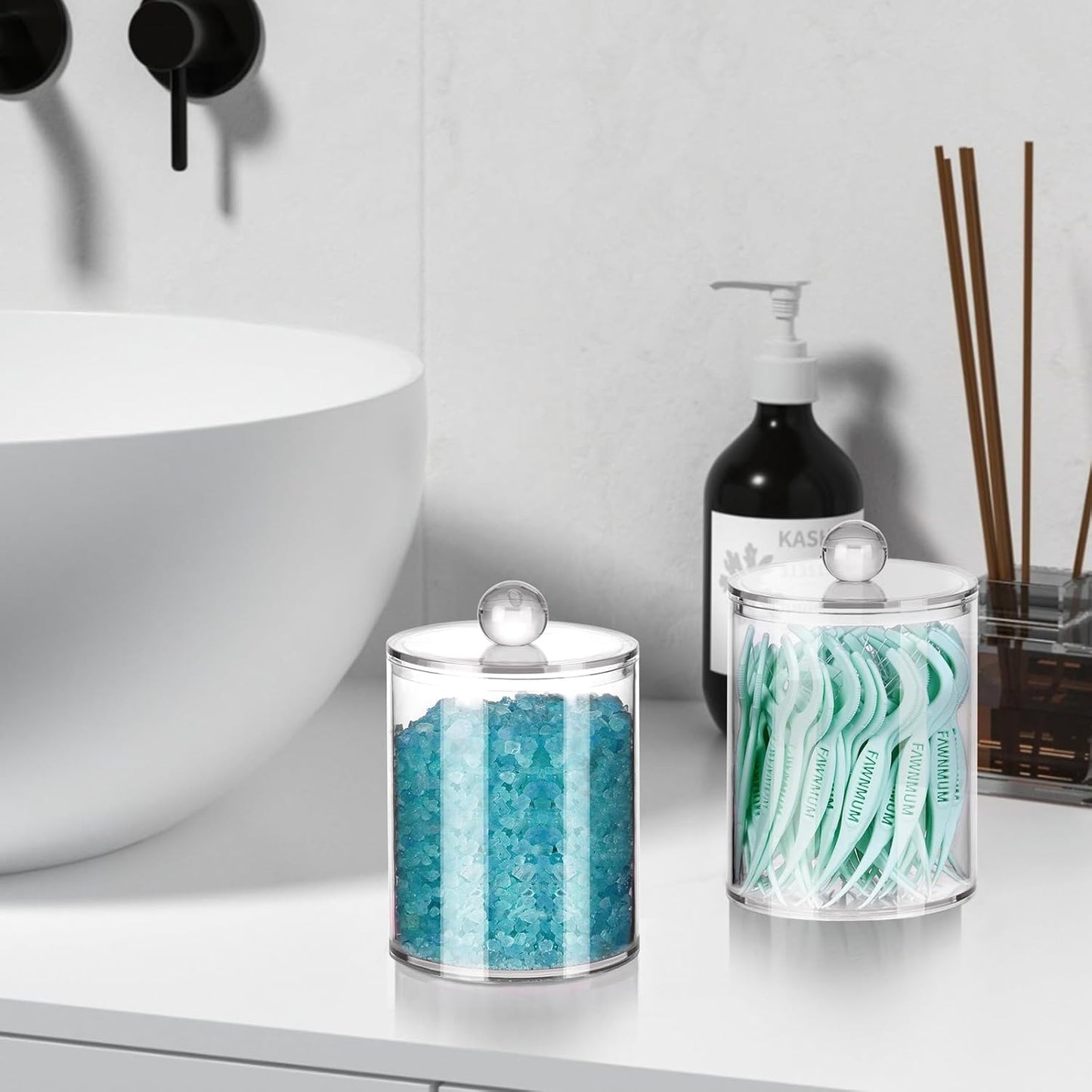 4 Pack Qtip Holder,Canister Apothecary Jar Set, Bathroom Jars with Lids Set for Cotton Swabs, Balls, Pads, Floss Picks,10oz-12oz Plastic Canisters Restroom Bedroom Vanity Organizer