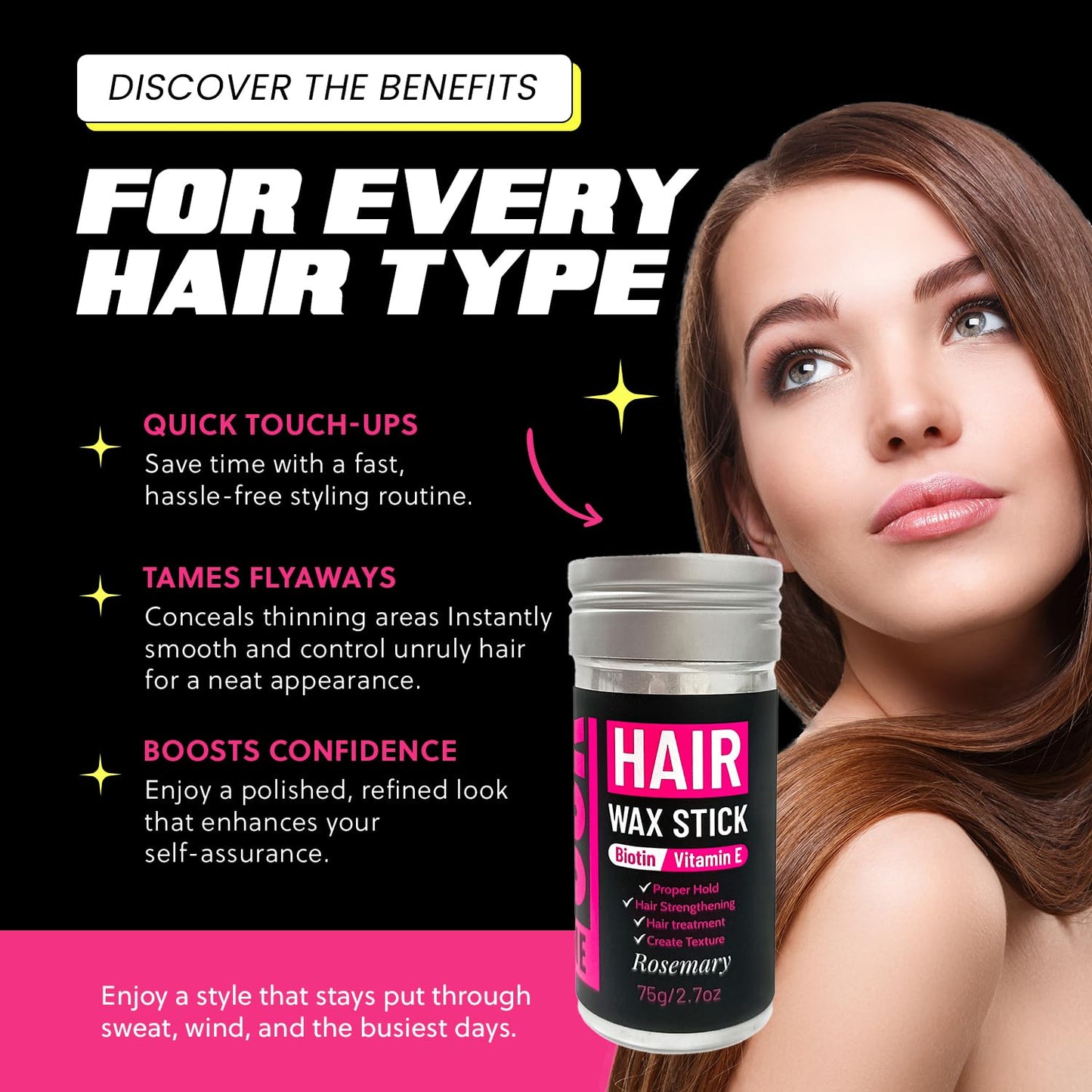 Hair Wax Stick 2.7 fl oz – Strong Hold, Tames Flyaways – Biotin, Vitamin E & Rosemary Formula – Hair Wax Stick for Men & Women, Slick Back Styles, Supports Healthy Hair for All Types