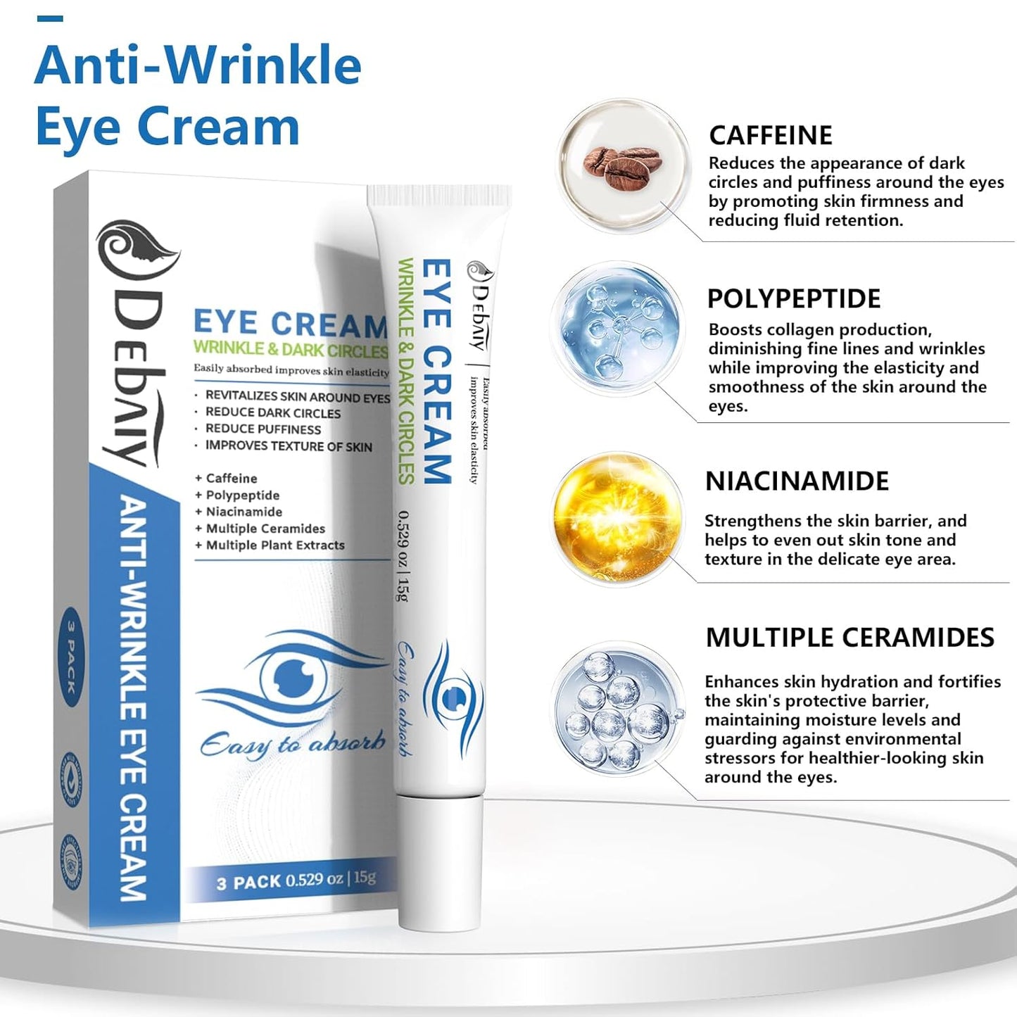 3 Pack Anti-Wrinkle Eye Cream with Caffeine & Peptides - Reduces Dark Circles & Puffiness, Improves Skin Texture (Each 0.529oz | 15g)