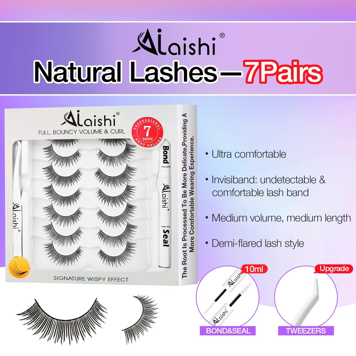 Wispy False Eyelashes Kit With Bond, Seal and Tweezer, 7 Pairs Natural Look Fake Cat Eye Lashes Strips Thin Band Extensions Waterproof Easy Eyelashes for Beginners DF2