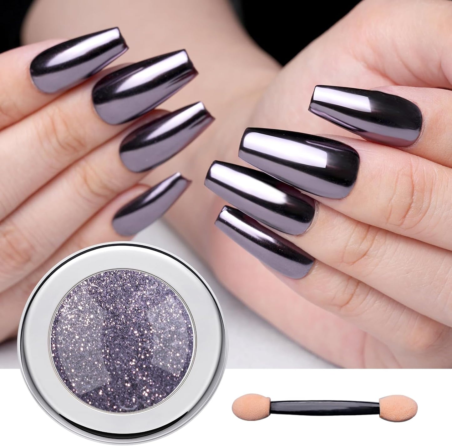 Pretty Diva Chrome Nail Powder - Silvery Black Mirror Effect Chrome Nail Powder, Premium Metallic Mirror Chrome Powder Pigment for Nail Art Decoration