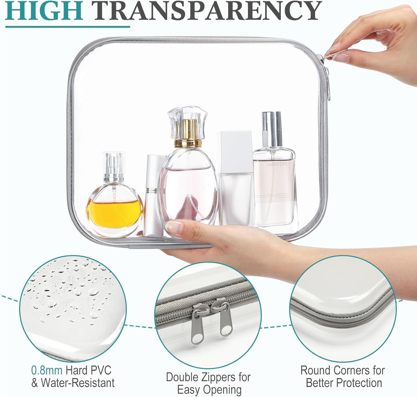 Sanwuta 6 Pcs Clear Hard Zipper Case Pencil Pouches Hard Plastic Zipper Pouches Makeup Bag Transparent Cases for Snacks Plastic Storage Organizer Box for Travel(Gray,9.84 x 7.87 x 2 Inch)