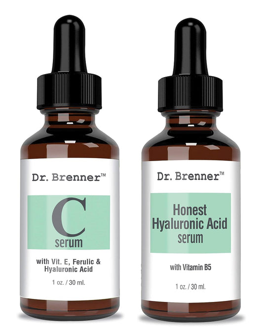 Vitamin C Serum 20% Pure L-Ascorbic Acid, Ferulic Acid, Vitamin E and HA and Hyaluronic Acid Serum with Vitamin B5 for Face and Eyes Natural Anti Aging Anti Wrinkle Set of 2 by Dr. Brenner
