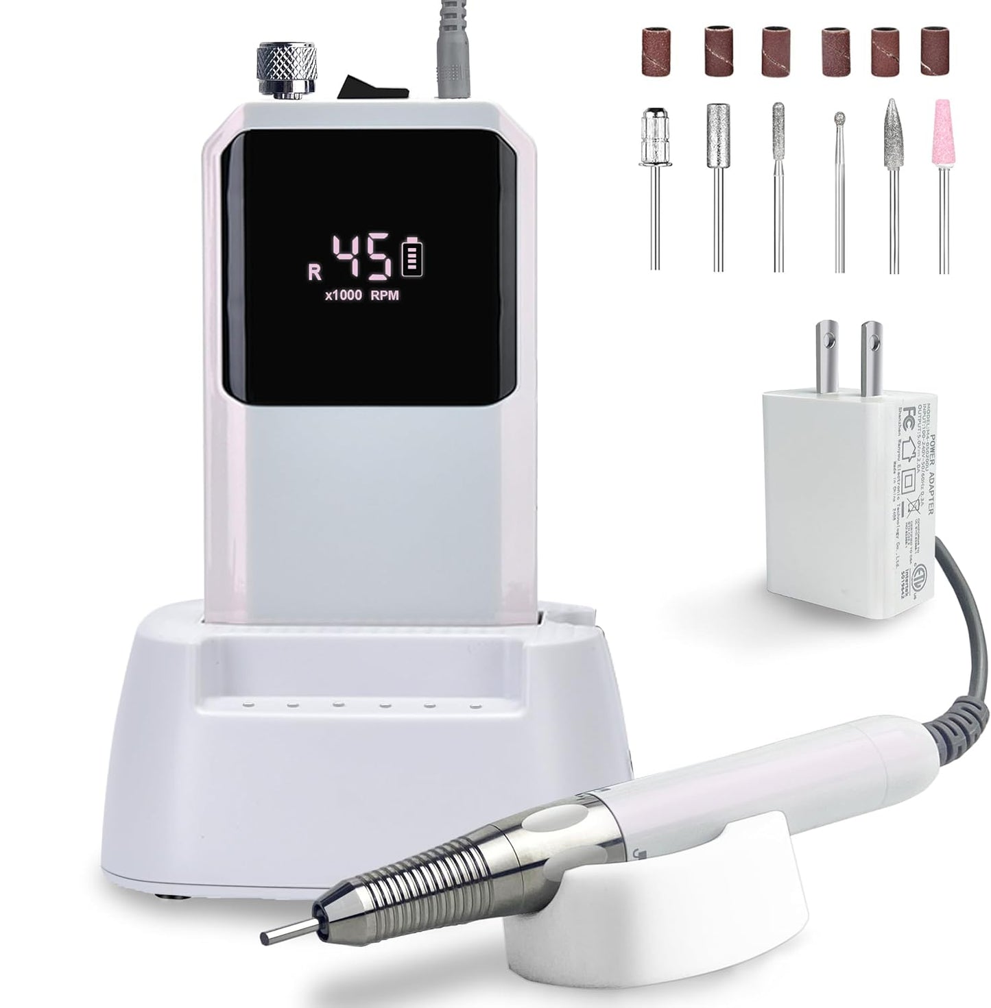 Professional Nail Drill Machine - Cordless Brushless Motor Nail File, 45000 RPM 2*3500mAh Portable Efile for Acrylic Gel Nails with 6 Bits & ETL-Certified USB Charger for Salon & Home