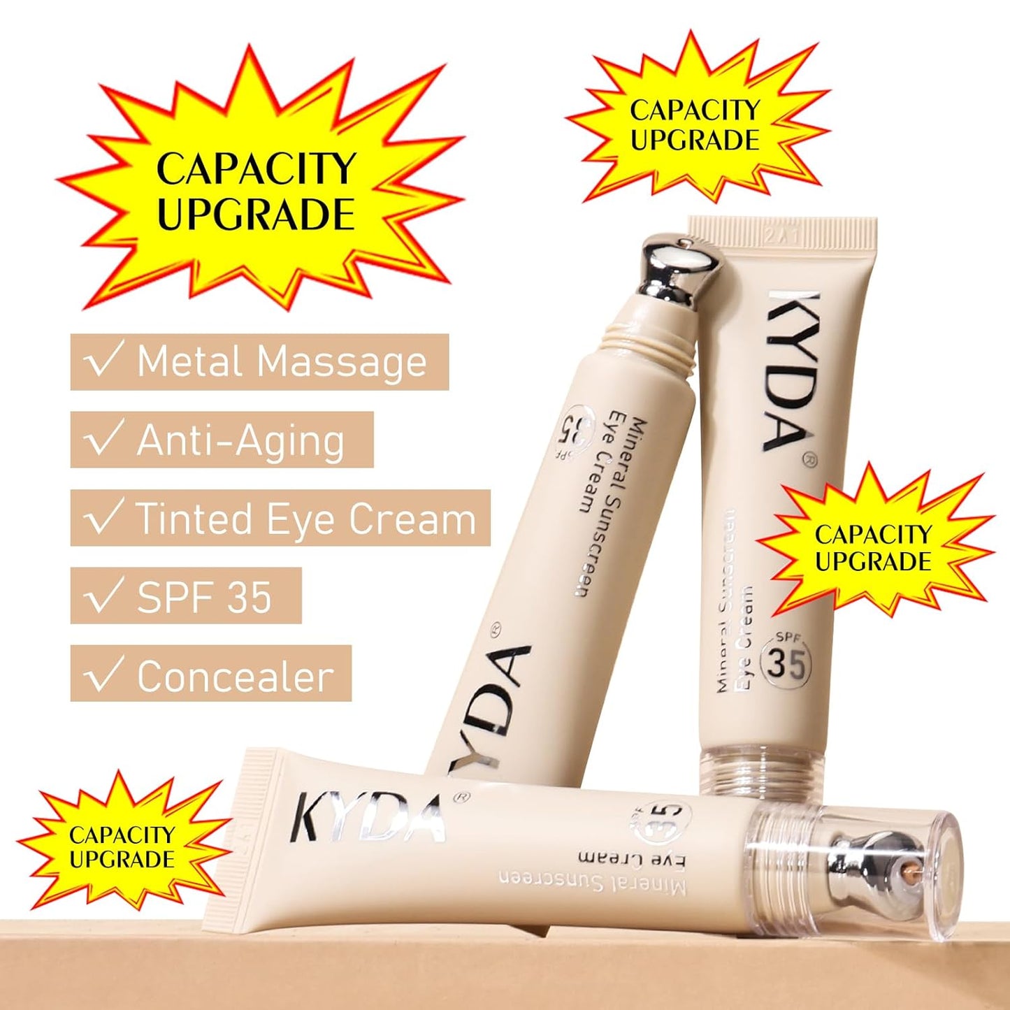 KYDA Mineral Sunscreen Eye Cream, 3-in-1 Anti-Aging Eye Cream, SPF 35, for Dark Circle and Fine Lines, Medium