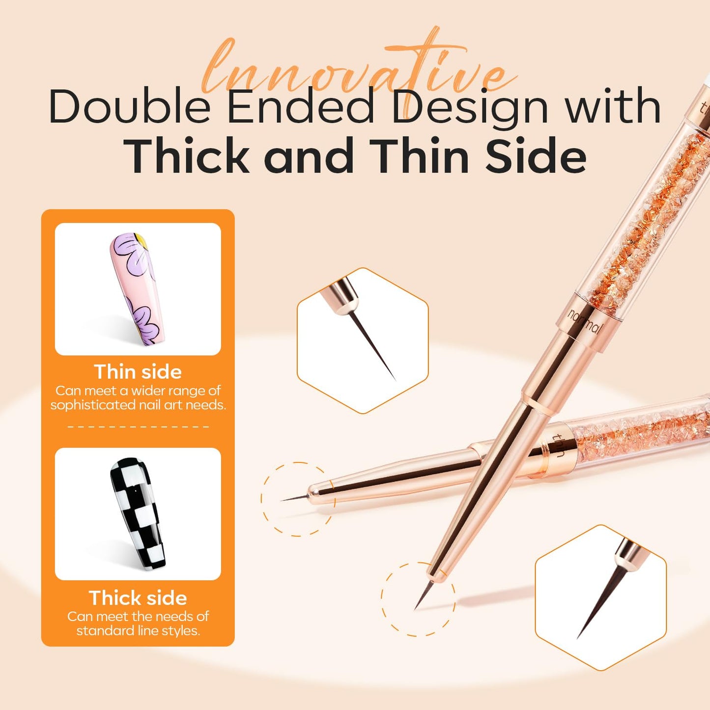 modelones Nail Art Brushes, Super Fine Liner Nail Brush Kit Dual-ended 7/11/15/20mm for Gel Polish Thin Lines, Precise Details, Fine Drawing Painting Design Acrylic Rhinestone Handle Salon & DIY Use