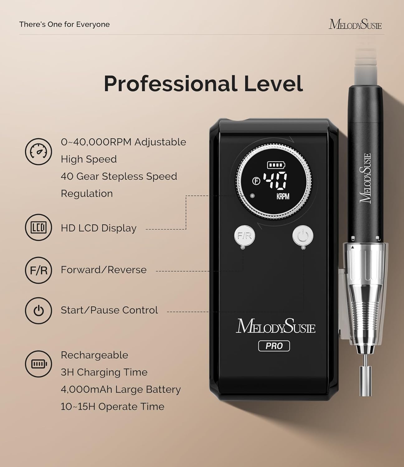 MelodySusie Professional 2 in 1 Nail Drill Kit 40,000 RPM, MB420G Brushless Portable Cordless Rechargeable Electric Nail File, Efile Nail Drill Machine for Acrylic Gel Nails Polishing Removing, Black