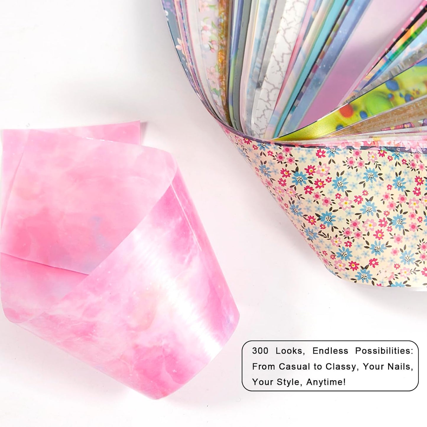 WOKOTO 300 Sheets Nail Foils Transfer Nail Art Holographic Flower Marble Foil Sheets, 1 Set for All Mix-Designs Nail Transfer Foil for Women Girls Nails