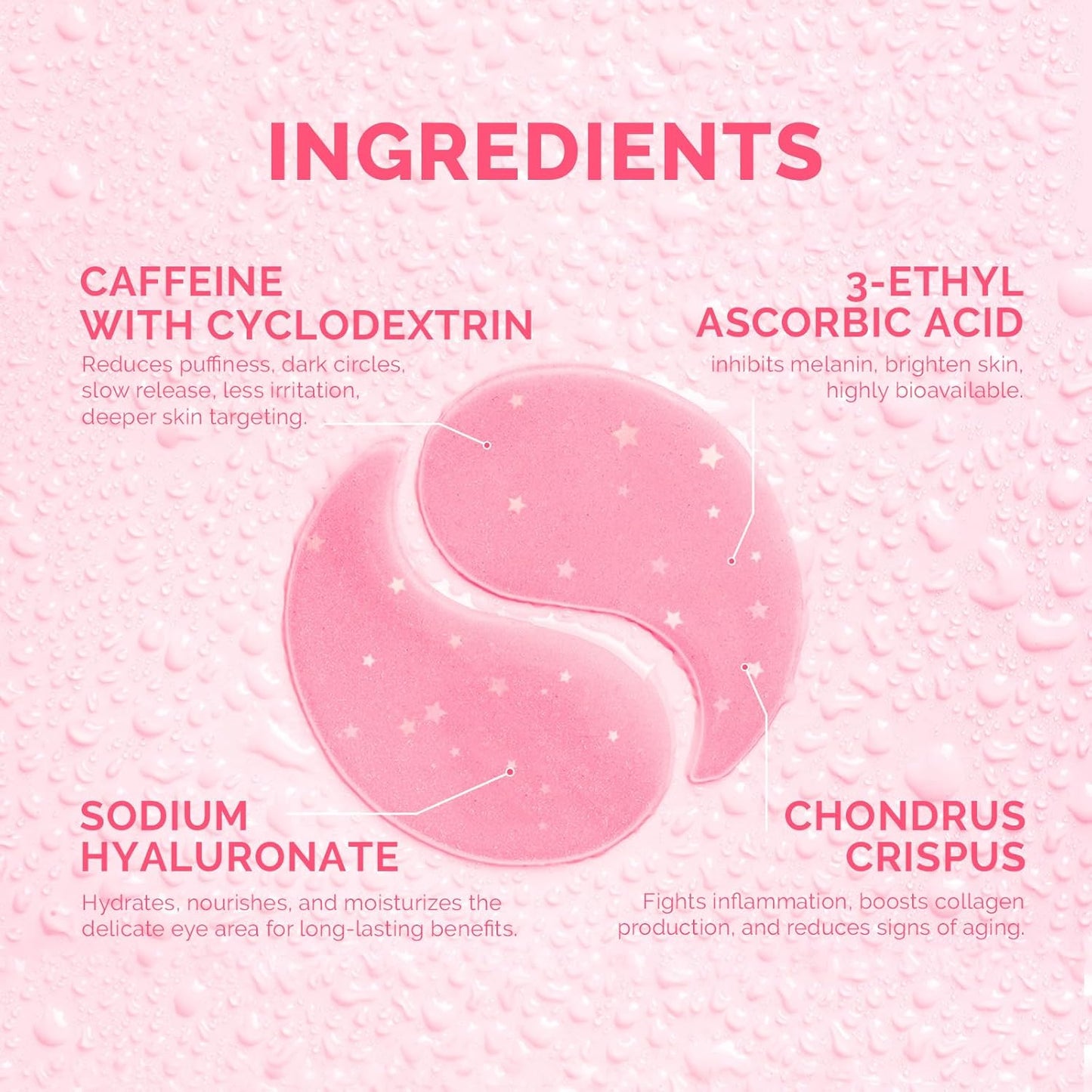 Enaskin Naturals Brightening Eye Masks: 30 Pairs Caffeine Under Eye Patches for Dark Circles and Puffiness w/Hyaluronic Acid - Skin Treatment Pads For Face Reduce Wrinkles & Bags (Rose)