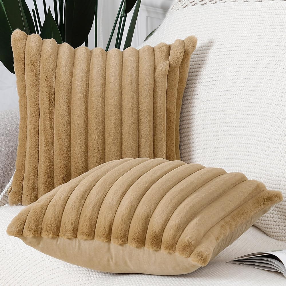 MADIZZ Set of 2 Faux Wool Plush Decorative Throw Pillow Covers 18x18 Inch Camel Fluffy Striped Soft Decorative Cushion Cover for Sofa Bedroom Pillow Shell