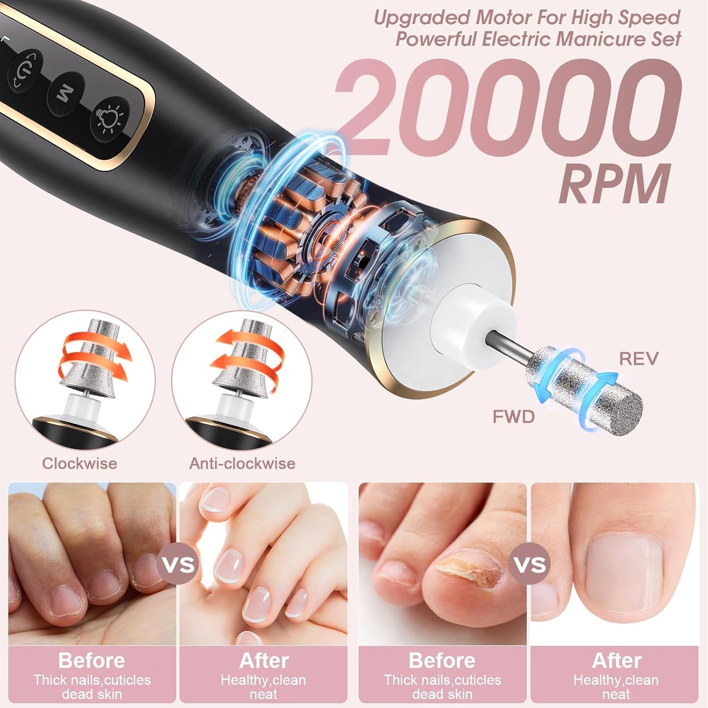 Electric Nail Drill, Professional Manicure Pedicure Kit, Cordless Electric Nail File Set, Rechargeable Pedicure Tools for feet, 10 Speeds Hand Foot Care Nail Drill for -360° LED Light Black