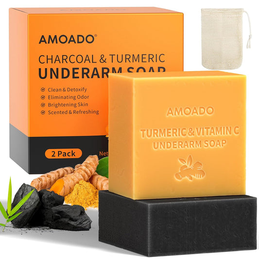 Armpit Detox Soap Set, Underarm Brightening Deodorant Soaps for Dark Armpit Remover, Eliminate Odor, Natural Turmeric Bar with VC, Charcoal Soap with Mint - included Sisal Mesh Bag