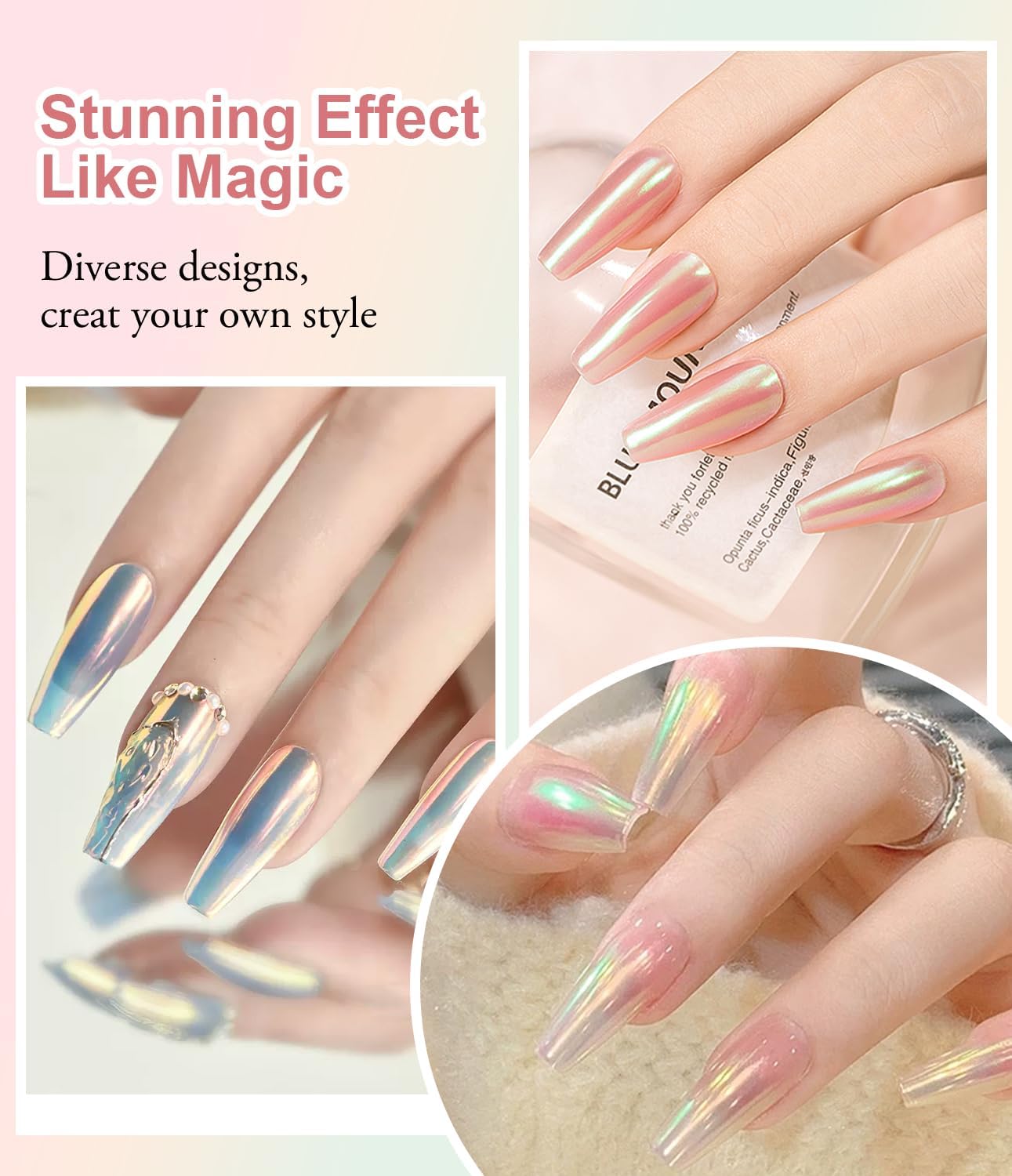 White Chrome Nail Powder: 4Pcs Iridescent Aurora Mermaid Pearl Chrome Powder Pearl Dust Kit for Gel for Gel Nails Art Decoration