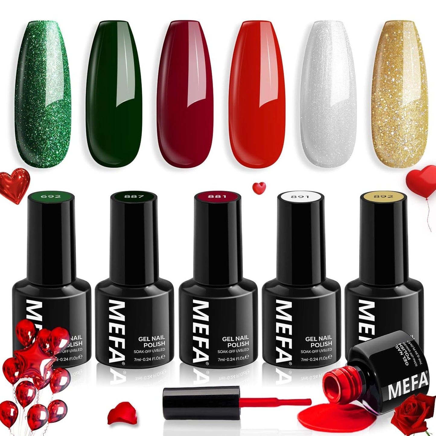 MEFA Gel Nail Polish Set, 6 Colors Burgundy Red Dark Green Glitter Gel Polish Silver Gold Sparkle Nail Polish Manicure Soak Off Salon Gifts for Women Girl