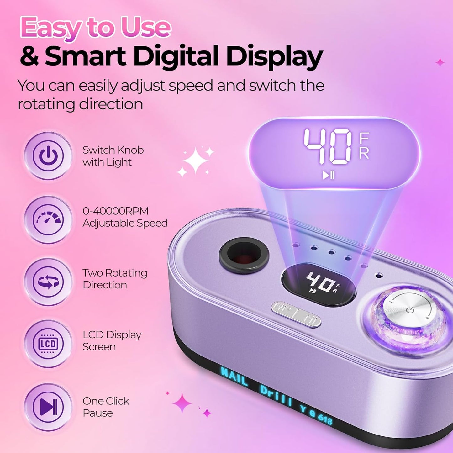 Nail Drill Electric File: 40000RPM Professional E File Kit E File Machine Filer for Shaping, Buffing, Removing Acrylic Gel Nails, Manicure Pedicure Kit with 12Pcs Nail Bits, Home Salon Use