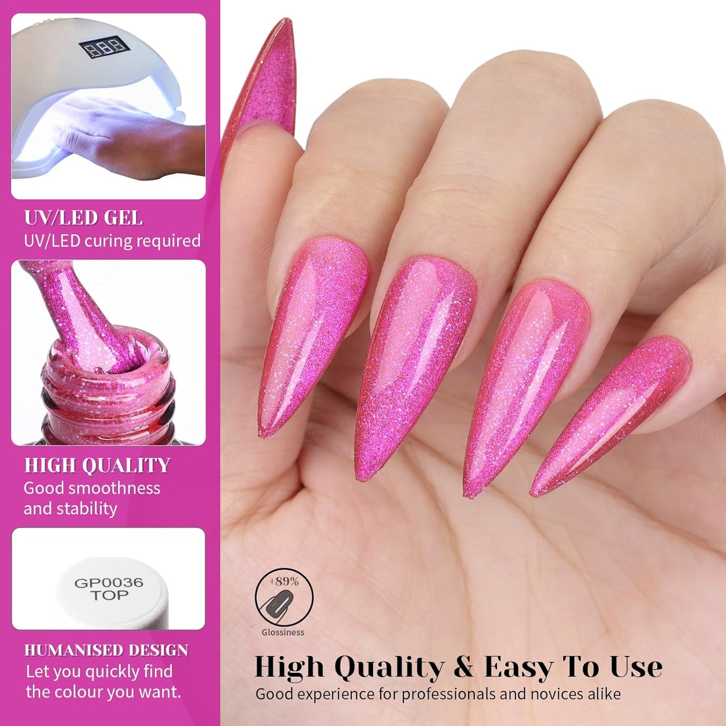 Pink Cat Eye Gel Nail Polish,Iridescent Quicksand Galaxy Holographic Pink Cateye Gel Polish with Magnet, fuchsia Gel Shimmer Velvet Soak Off Uv Led Home Diy Manicure - GP0105