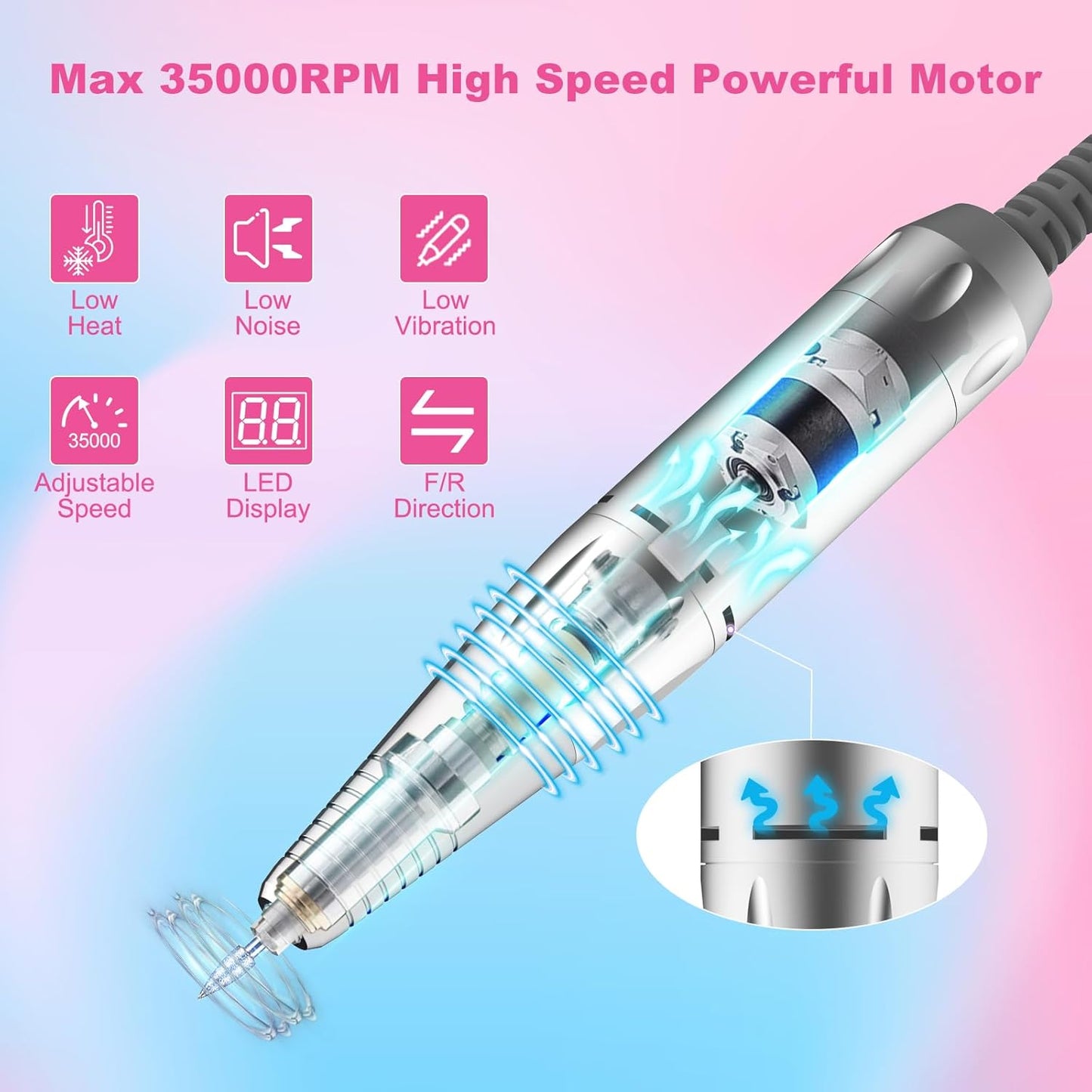 Nail Drill Machine，Professional Electric Nail File Set 35000RPM Nail File Drill Acrylic Nails Kit for Manicure Gel Nail Polish Remover (Pink)