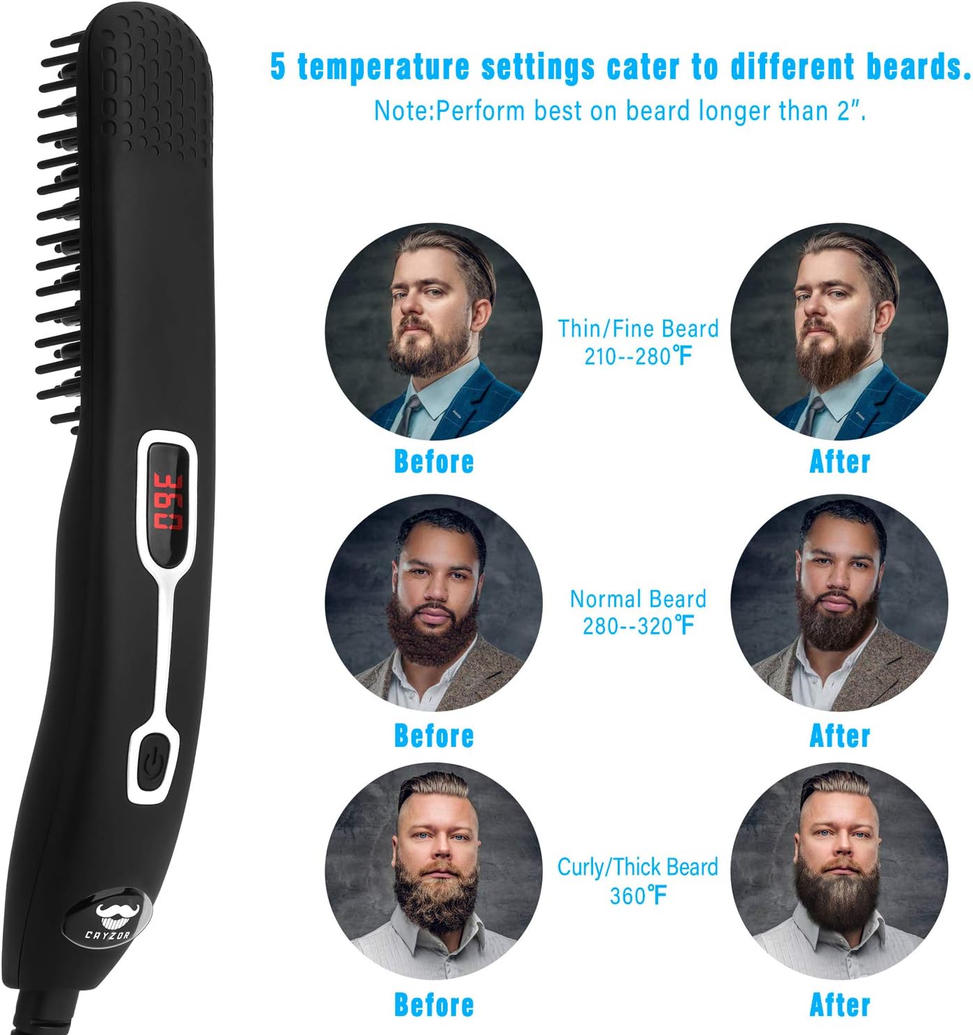 Beard Straightener Comb for Men - Upgraded Professional Electric Mens Beard Straightening Heated Brush Portable Anti-Scald 5 Adjustable Temperatures & LCD Display with Carrying Bag